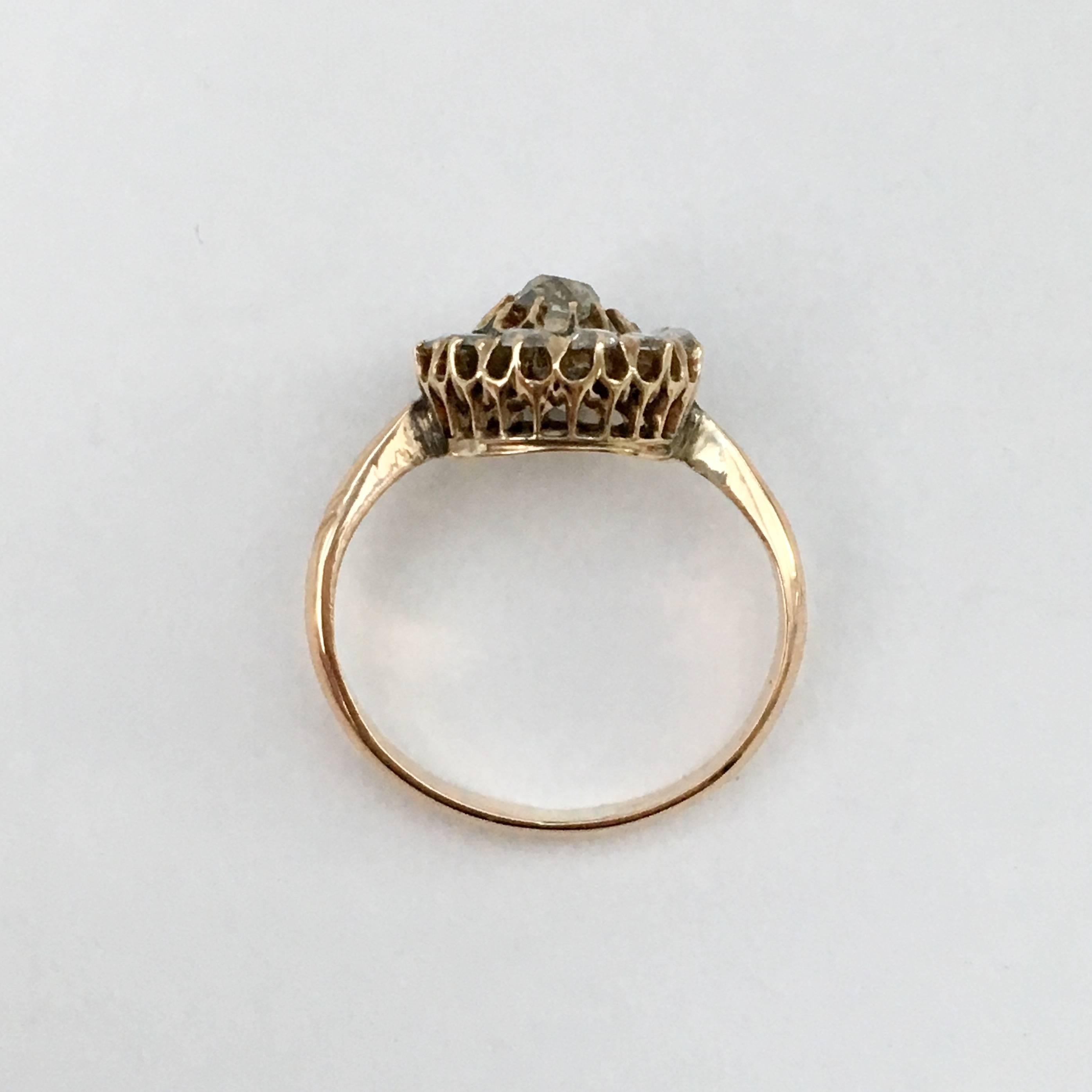 Cushion Cut Diamond Cluster Ring Rose Cut High Carat Gold Antique Russian In Fair Condition In London, GB
