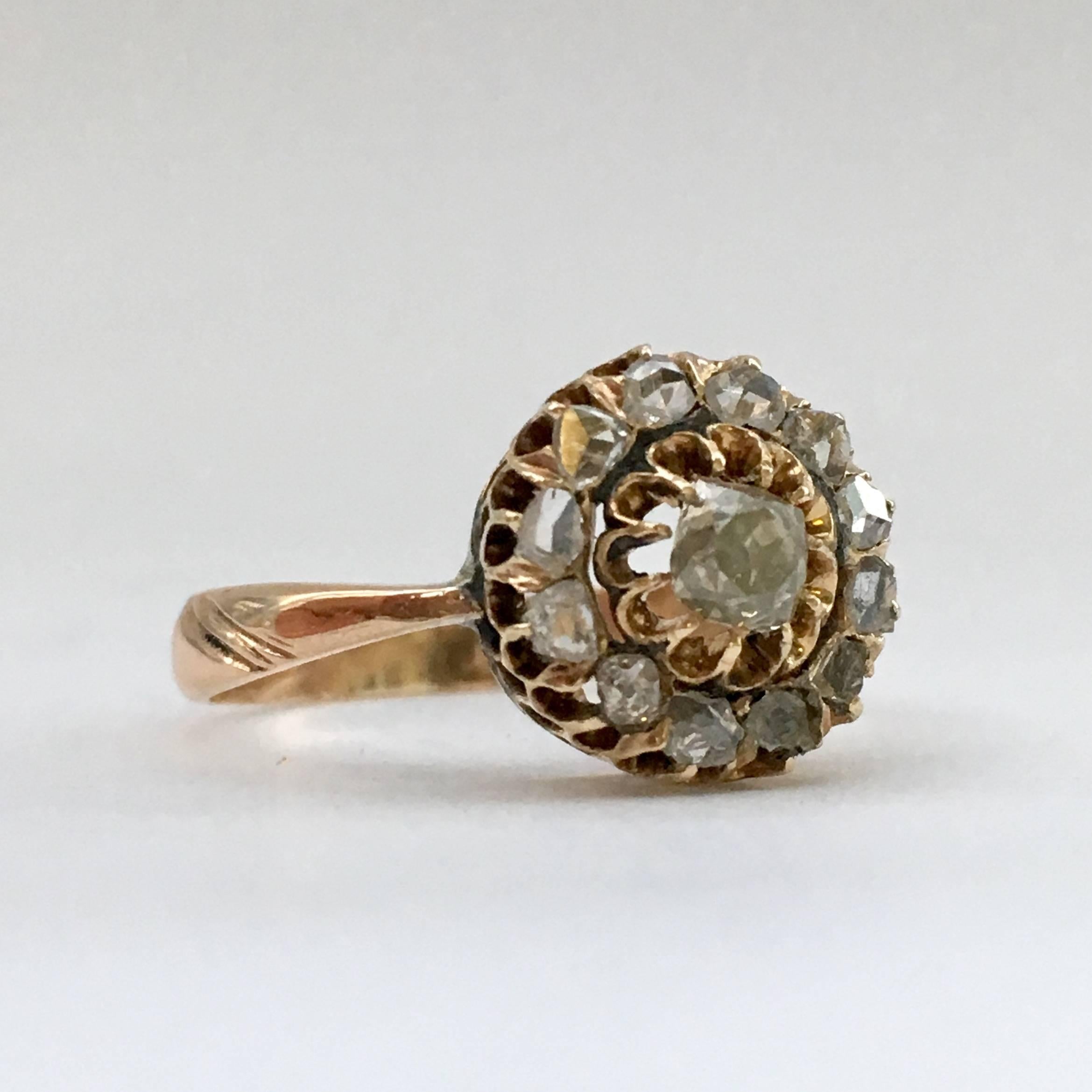 Cushion Cut Diamond Cluster Ring Rose Cut High Carat Gold Antique Russian 1