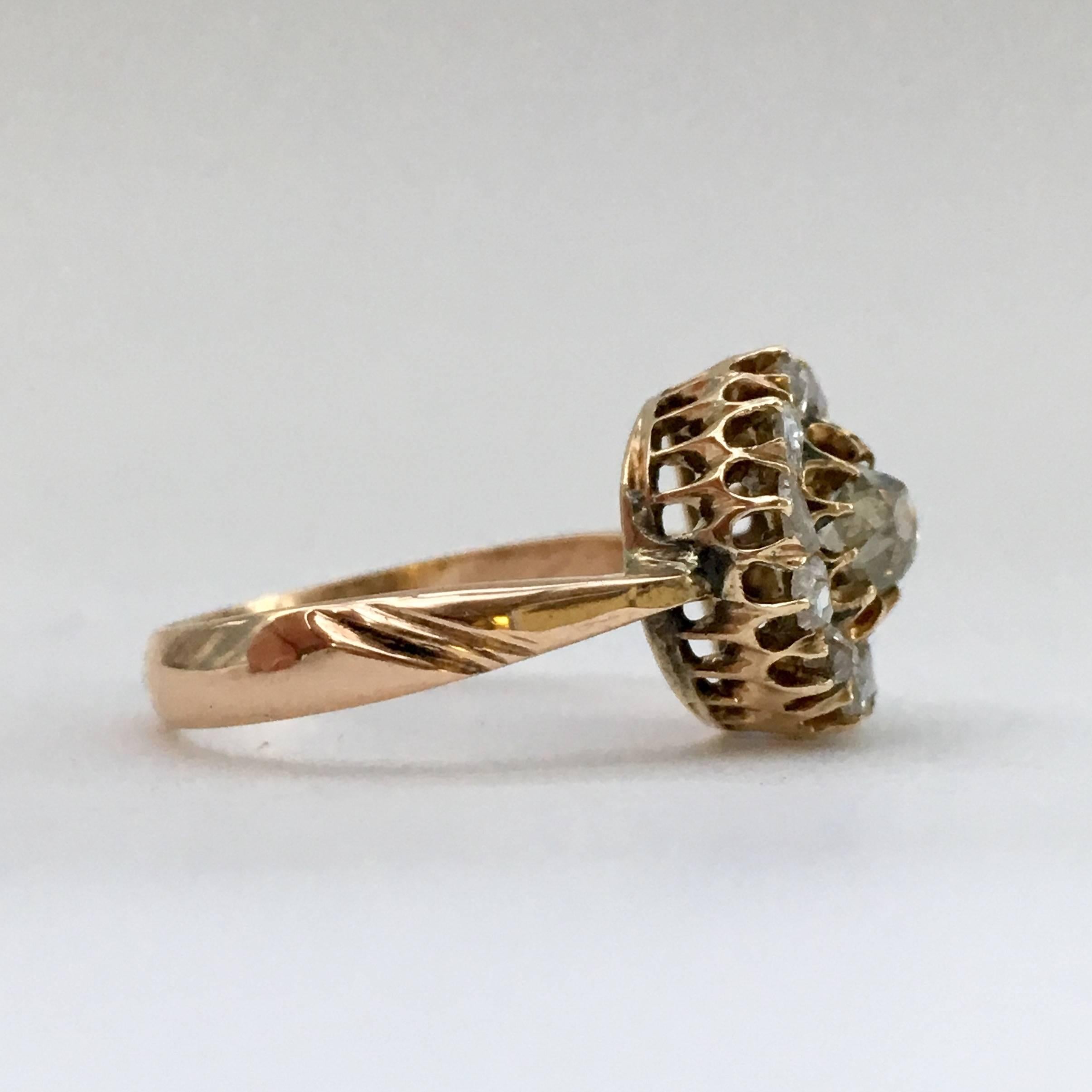 Cushion Cut Diamond Cluster Ring Rose Cut High Carat Gold Antique Russian 2