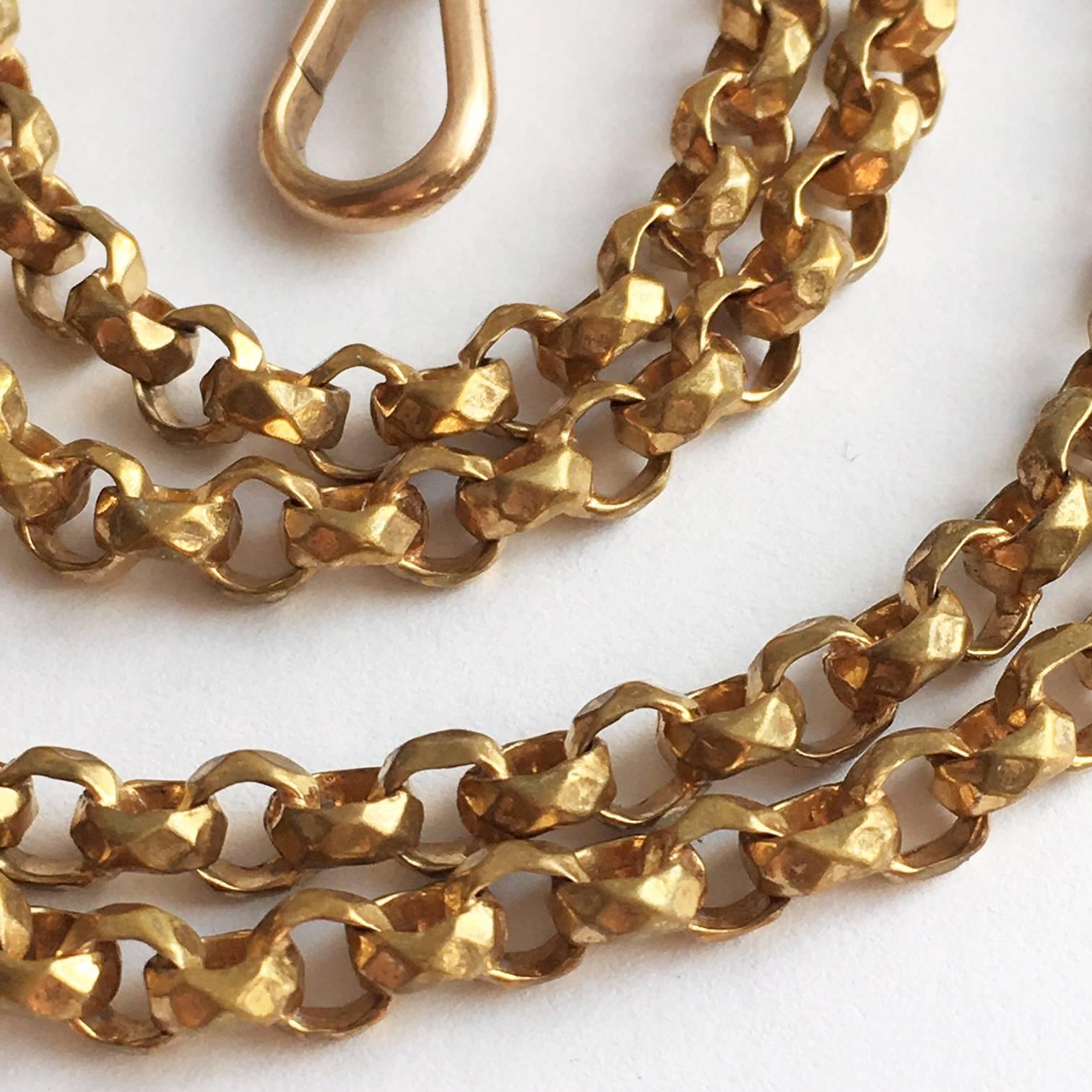Women's or Men's Long Guard Chain with Faceted Gilt Brass Links Edwardian Necklace