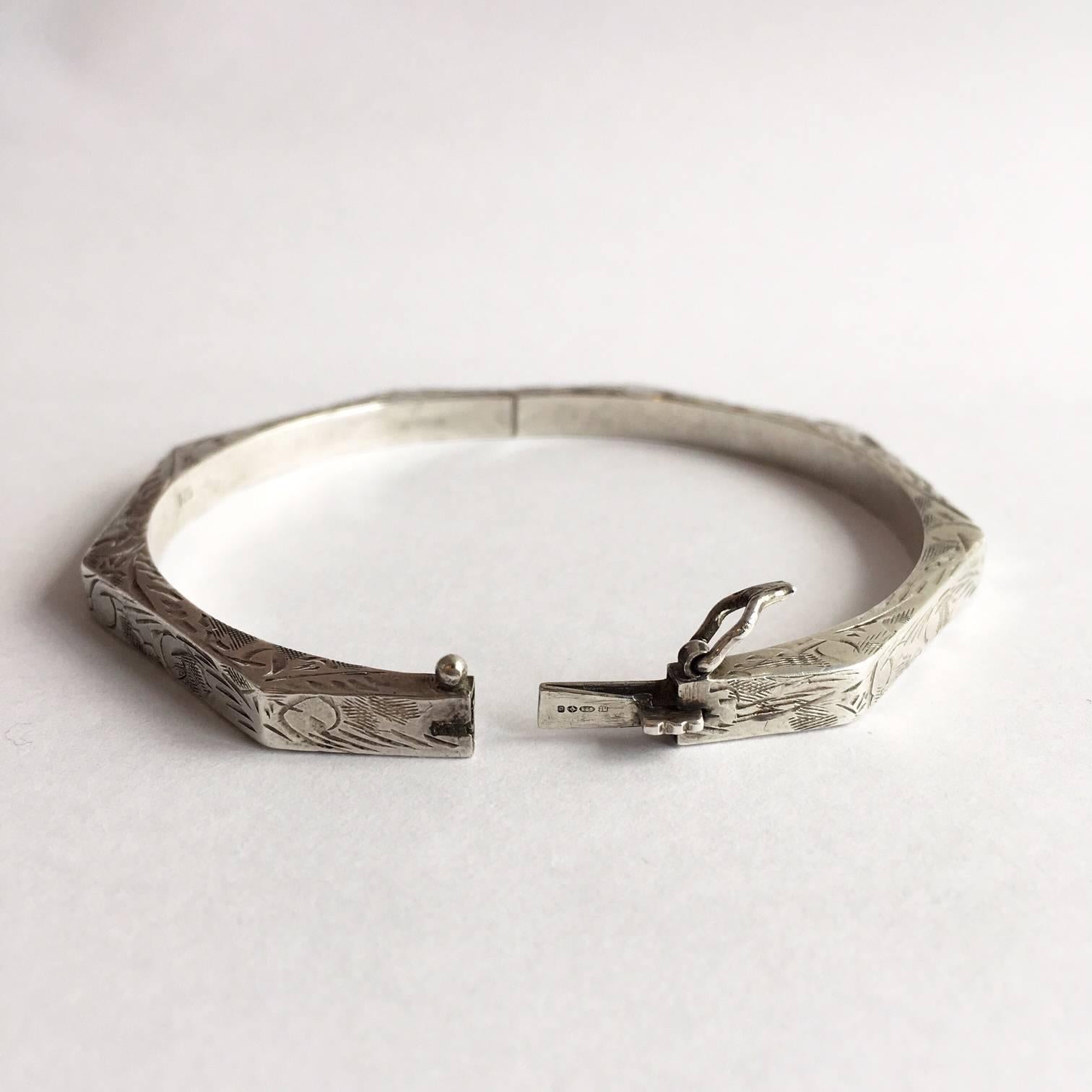 Vintage Octagonal Etched Hollow Imported Silver Hinged Bangle Bracelet 2
