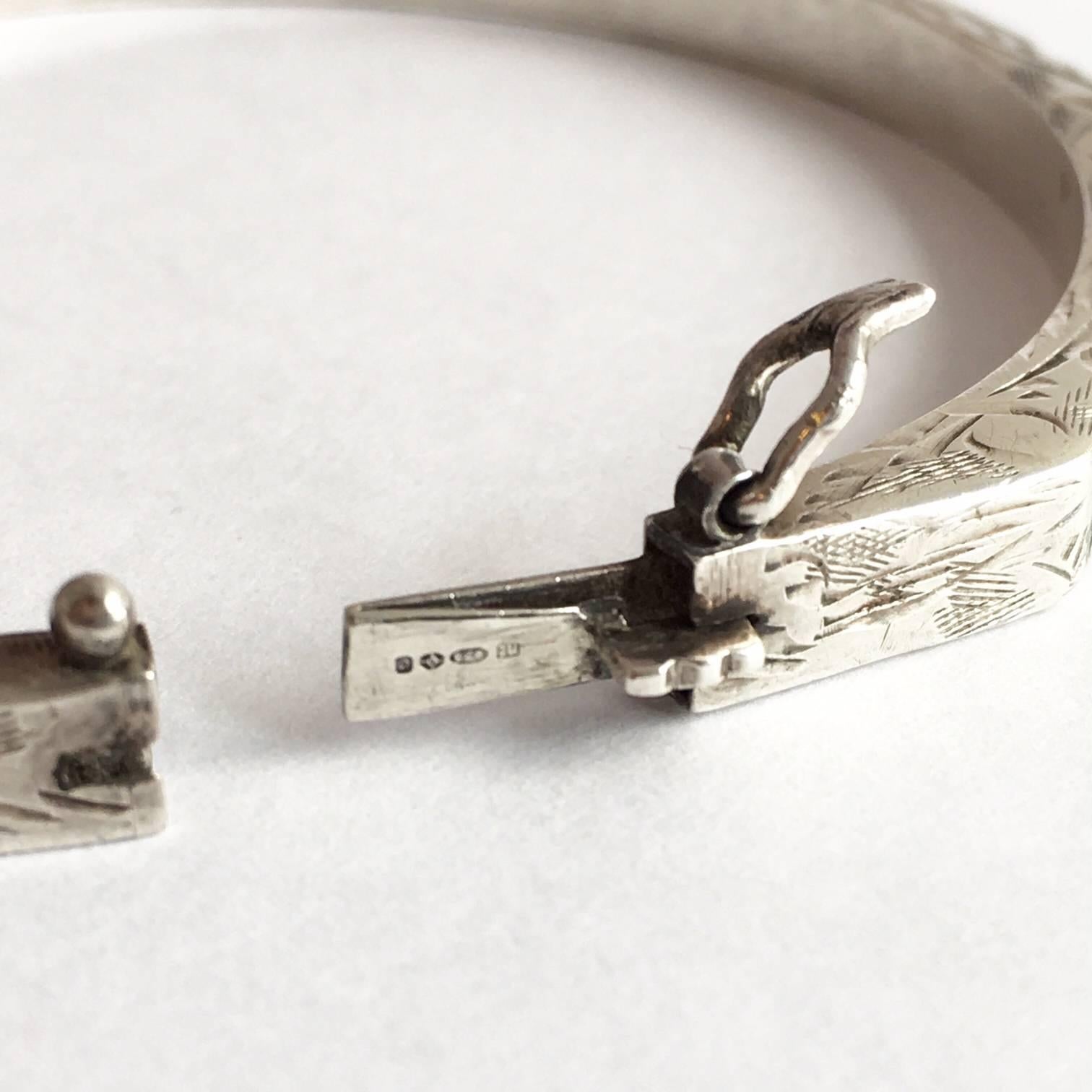 Vintage Octagonal Etched Hollow Imported Silver Hinged Bangle Bracelet 1