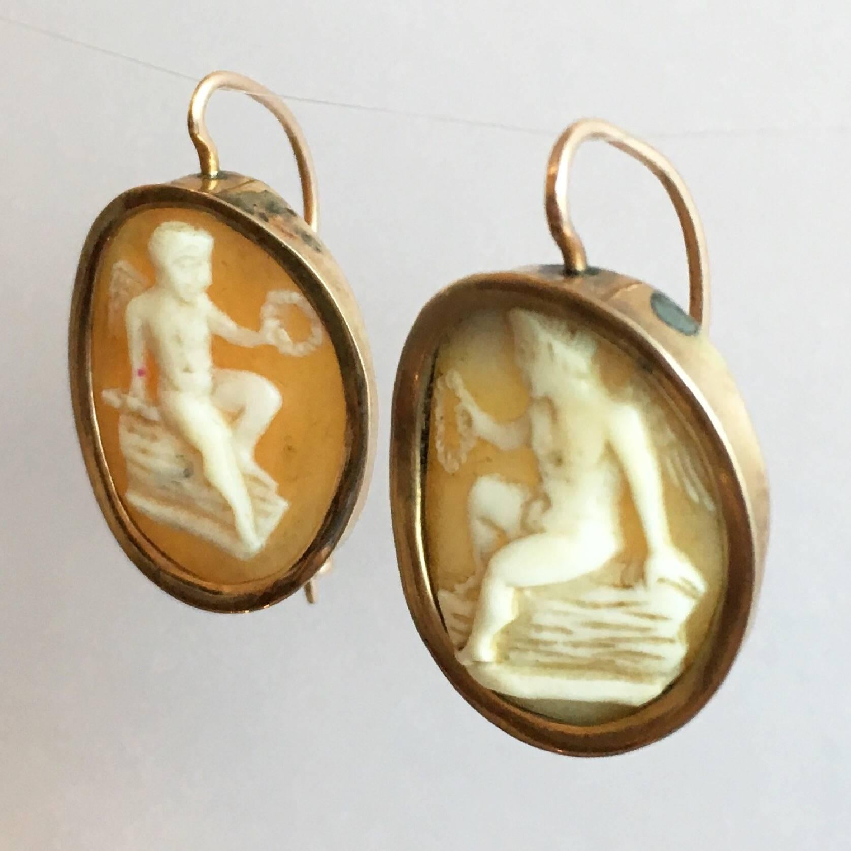 High Victorian Cameo Earrings Eros Cupid Gold Shell Victorian Love Token Classical Greek God