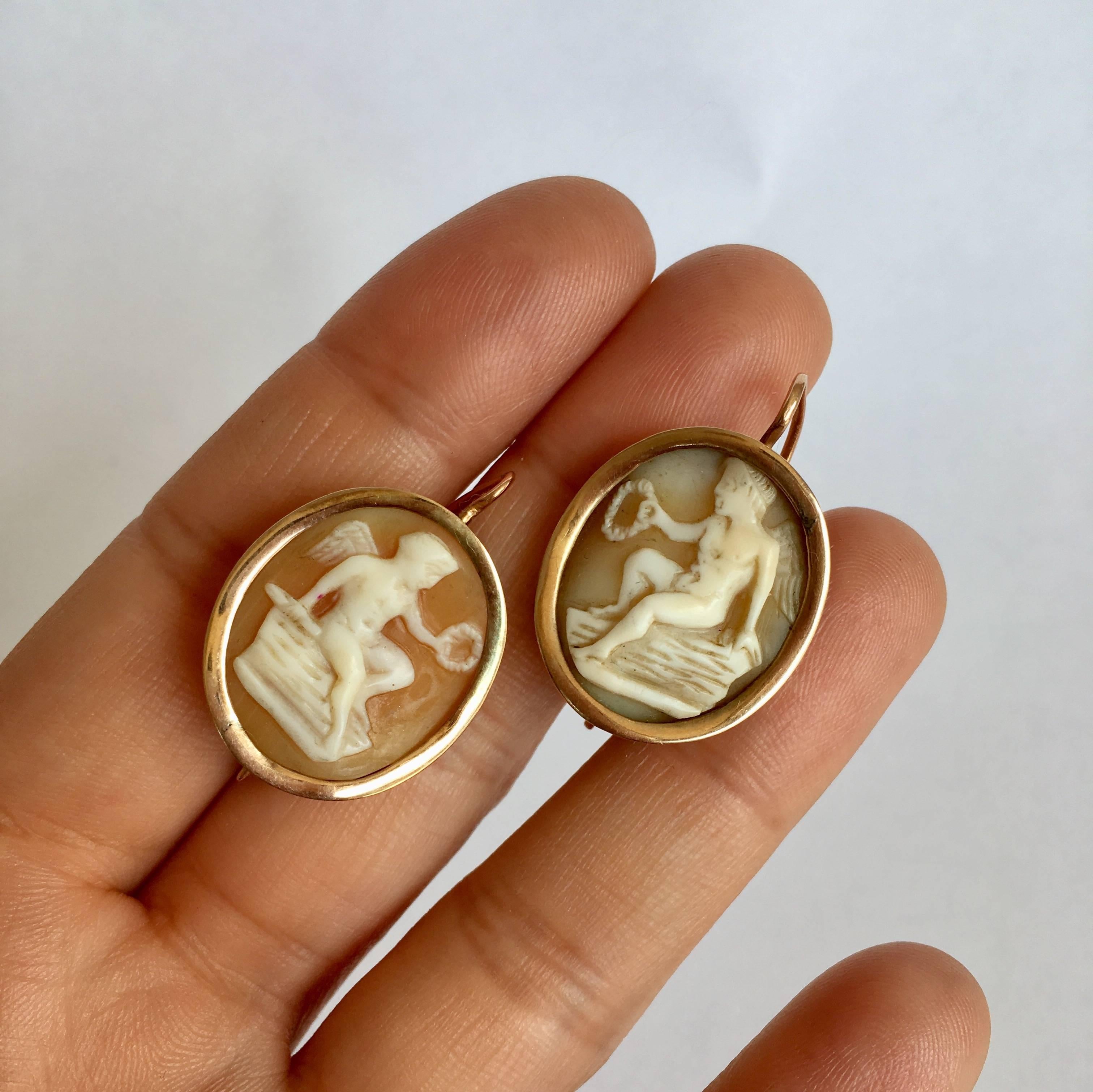 Cameo Earrings Eros Cupid Gold Shell Victorian Love Token Classical Greek God 2