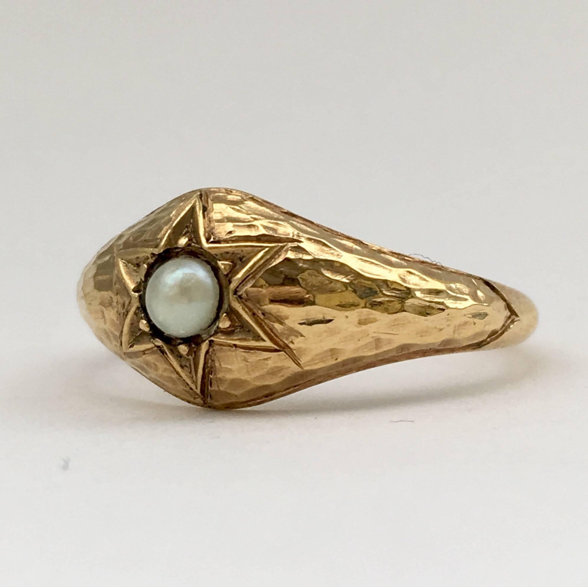 Pearl Ring Hammered Gold Antique Jewelry Vintage Star Signet Rings Celestial 1