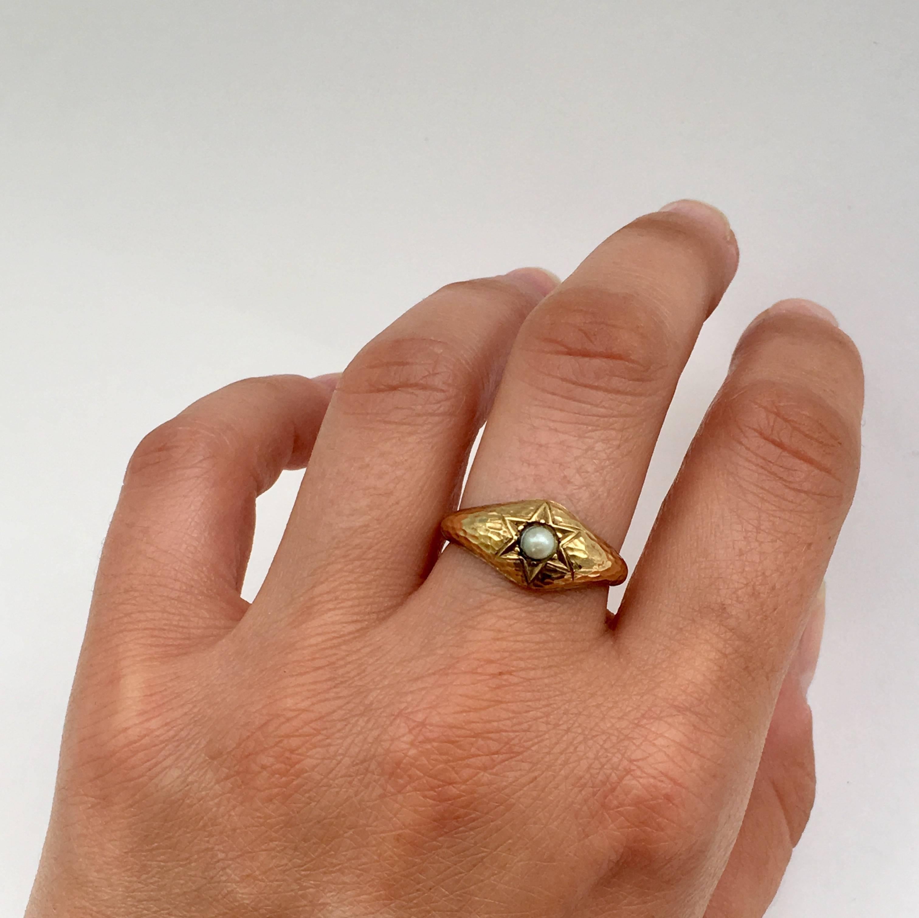 Pearl Ring Hammered Gold Antique Jewelry Vintage Star Signet Rings Celestial 5