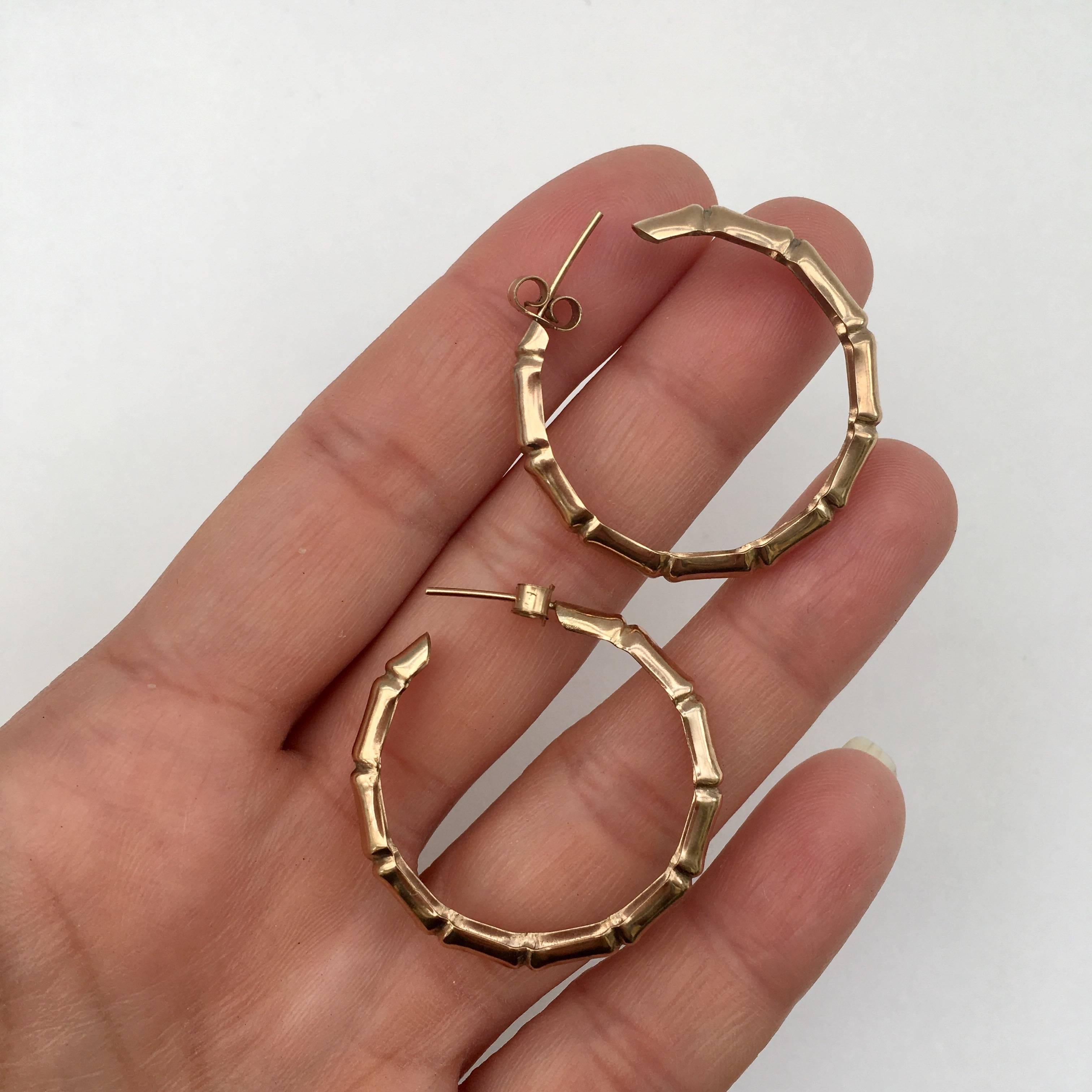 1970s Authentic Rose Gold Classic Vintage Bamboo Hoop Earrings 1