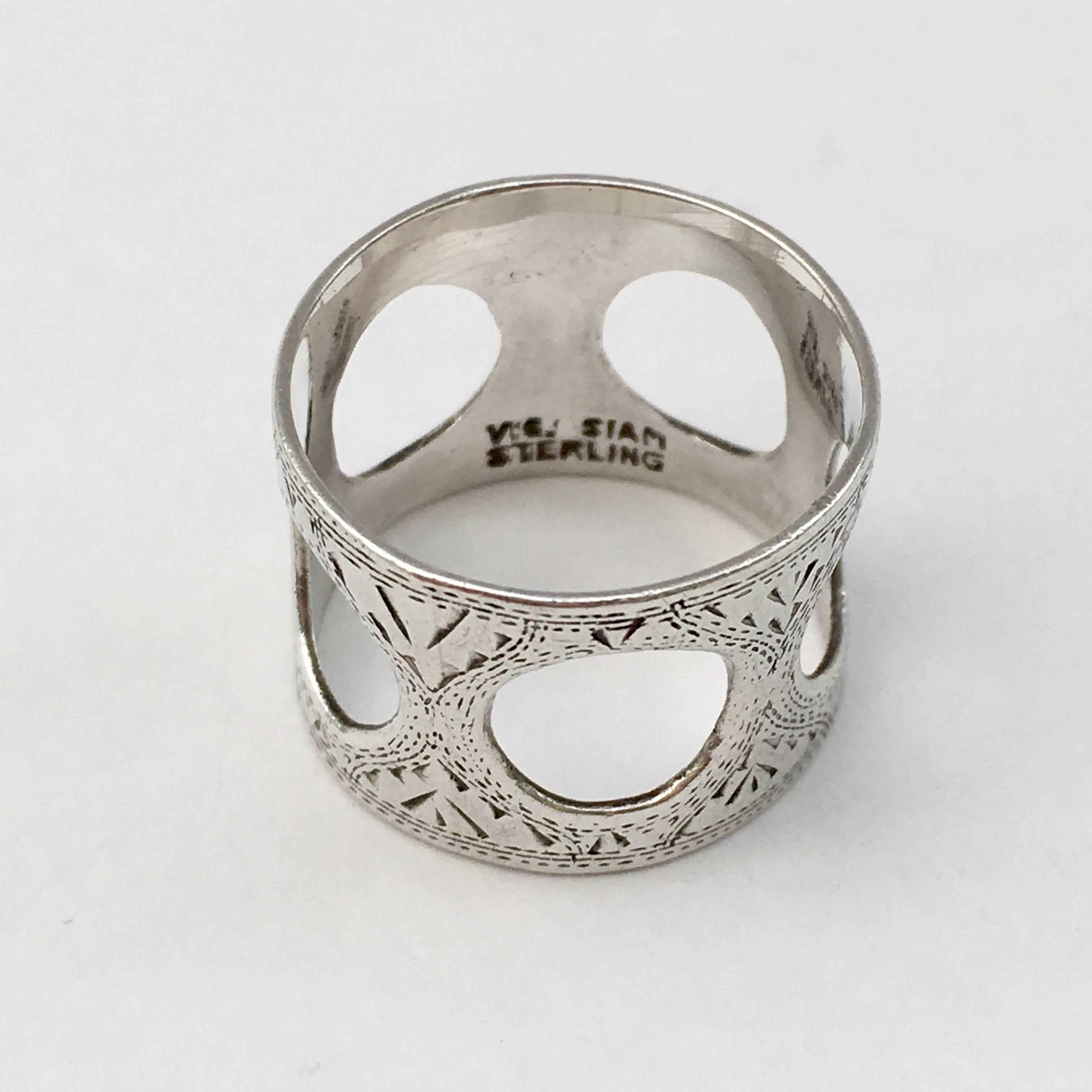 Women's or Men's Engraved Ring Circular Coin Cutouts Wide Band Siam Silver Vintage Jewelry