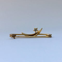 Edwardian Sapphire Seed Pearl Crescent Moon Star Night Sky Lapel Bar Brooch Pin