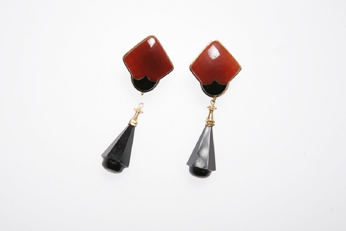 Art Deco Black Onyx Carnelian Drop Earrings For Sale