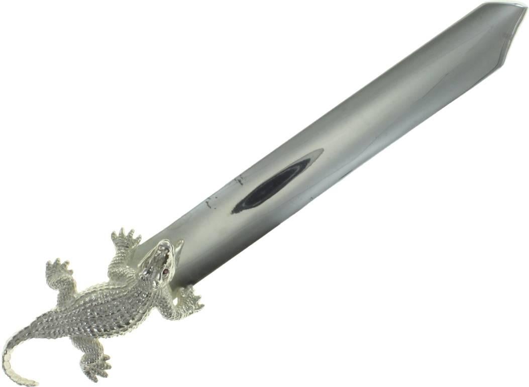 Sterling Silver letter opener, Alligator by Renato Cipullo.
The alligator has round cut ruby eyes.
A sculpture for your desk!