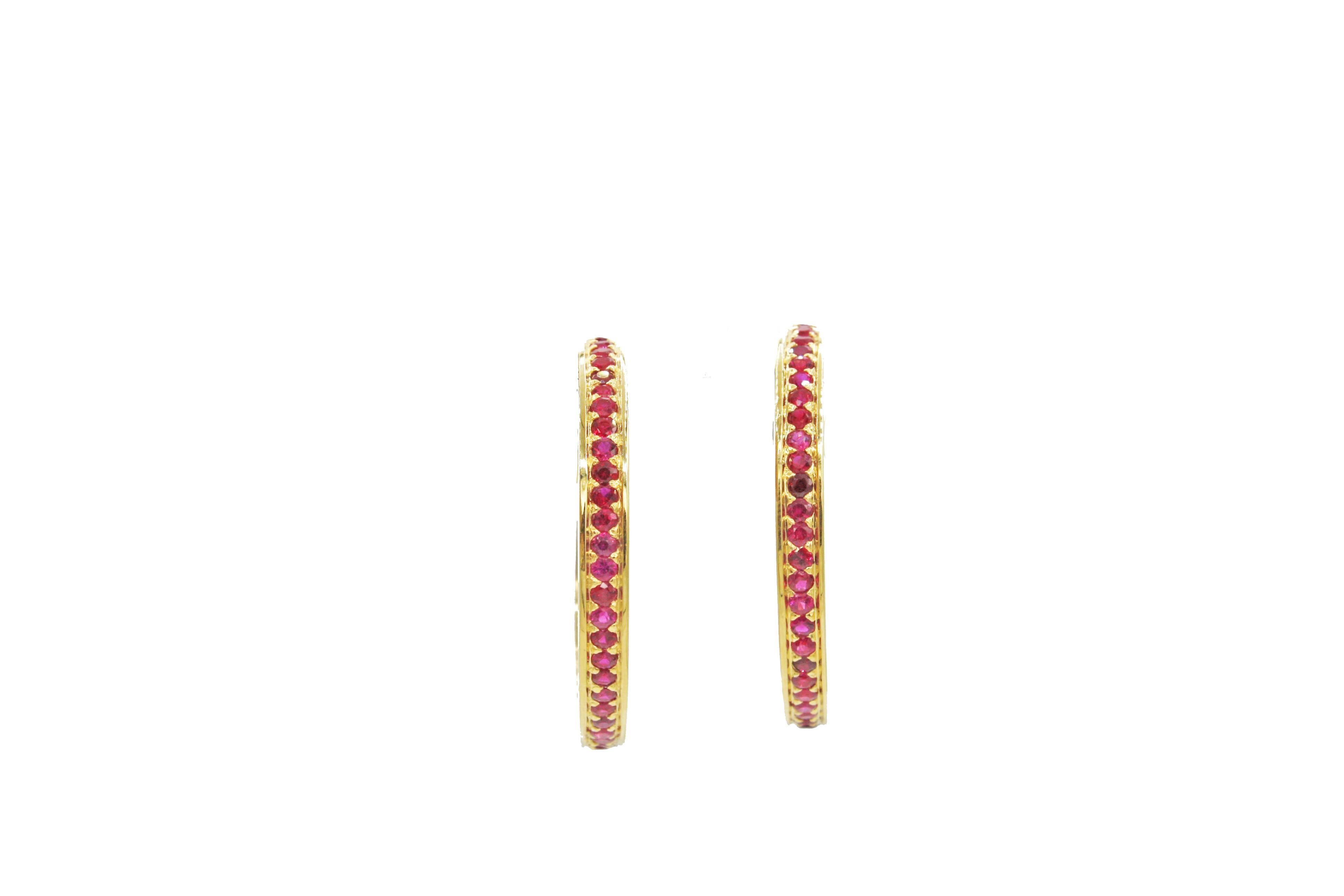 Contemporary Gold Ruby Hoop Earrings For Sale
