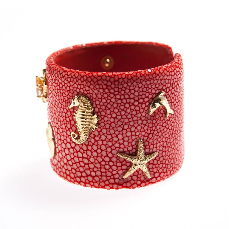 Contemporary Renato Cipullo Shagreen Cuff Bracelet with Gold Sea Motifs For Sale