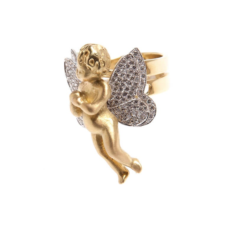 Romantic Renato Cipullo Diamond Pave & Gold Cupid Ring For Sale