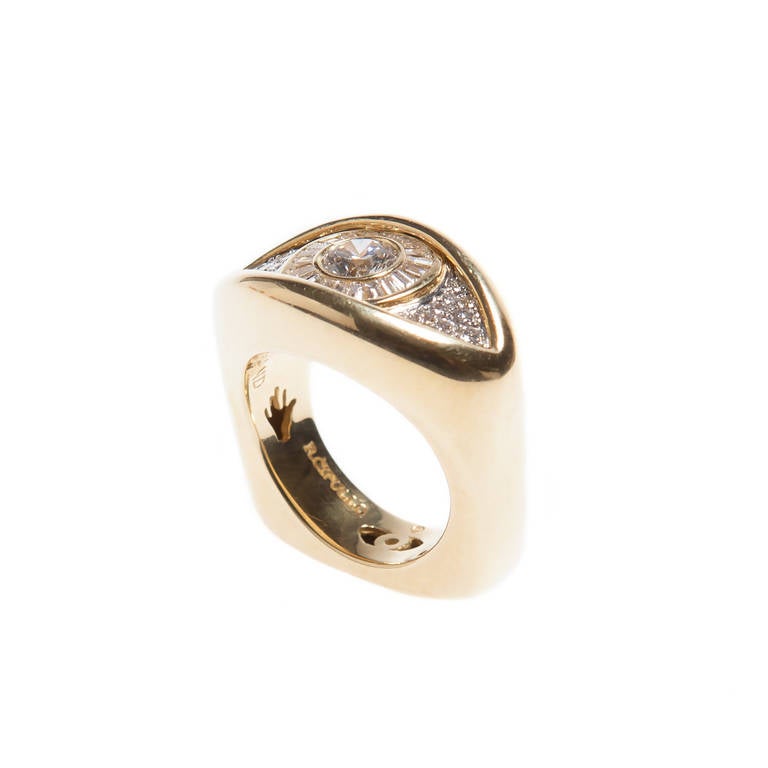 Baguette Cut Cipullo Diamond Gold Platinum Eye on the Right Hand Vintage Ring For Sale