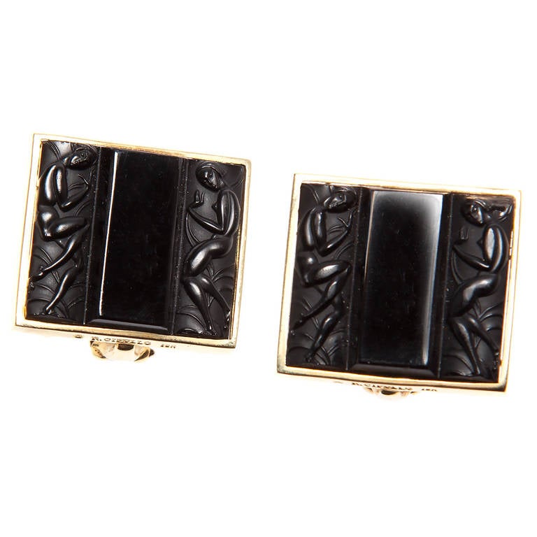 Cipullo Art Deco Glass Inlay Gold Earrings For Sale