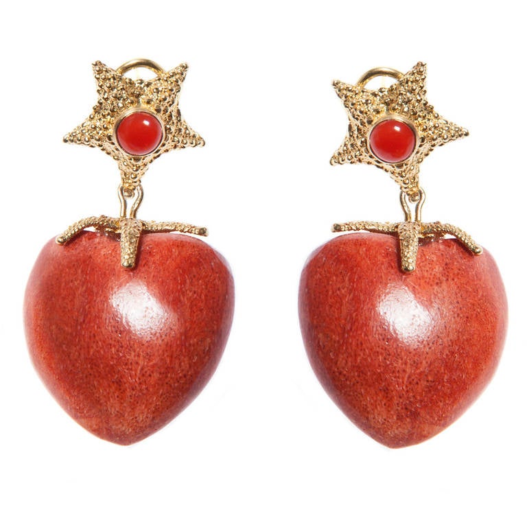 Renato Cipullo Gold Coral Heart Drop Earrings For Sale
