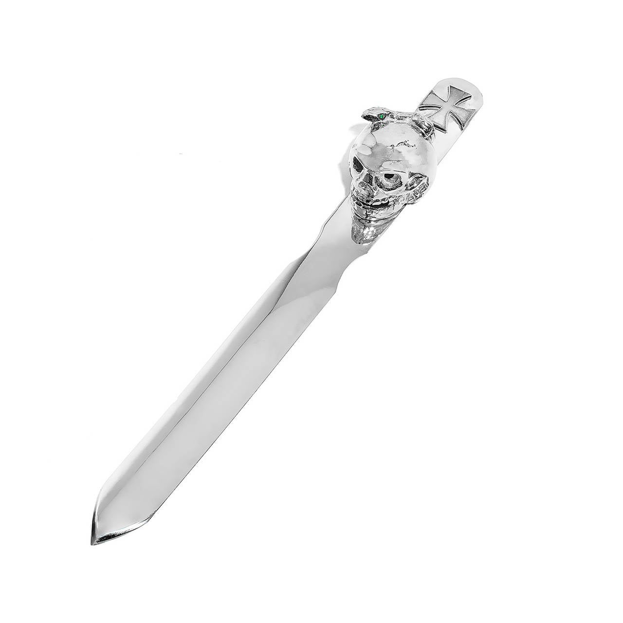 Sterling Silver letter opener featuring a Skull and snake with emerald eyes by Renato Cipullo.
A sculpture for your desk!