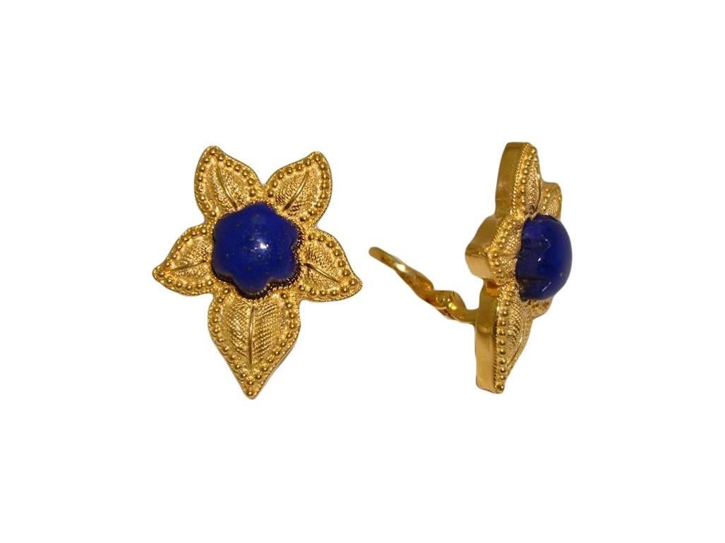 18k yellow gold flower earrings with fine (AAA) lapis in the middle and 18k Gold clips with a heart motif.  An original Renato Cipullo design.