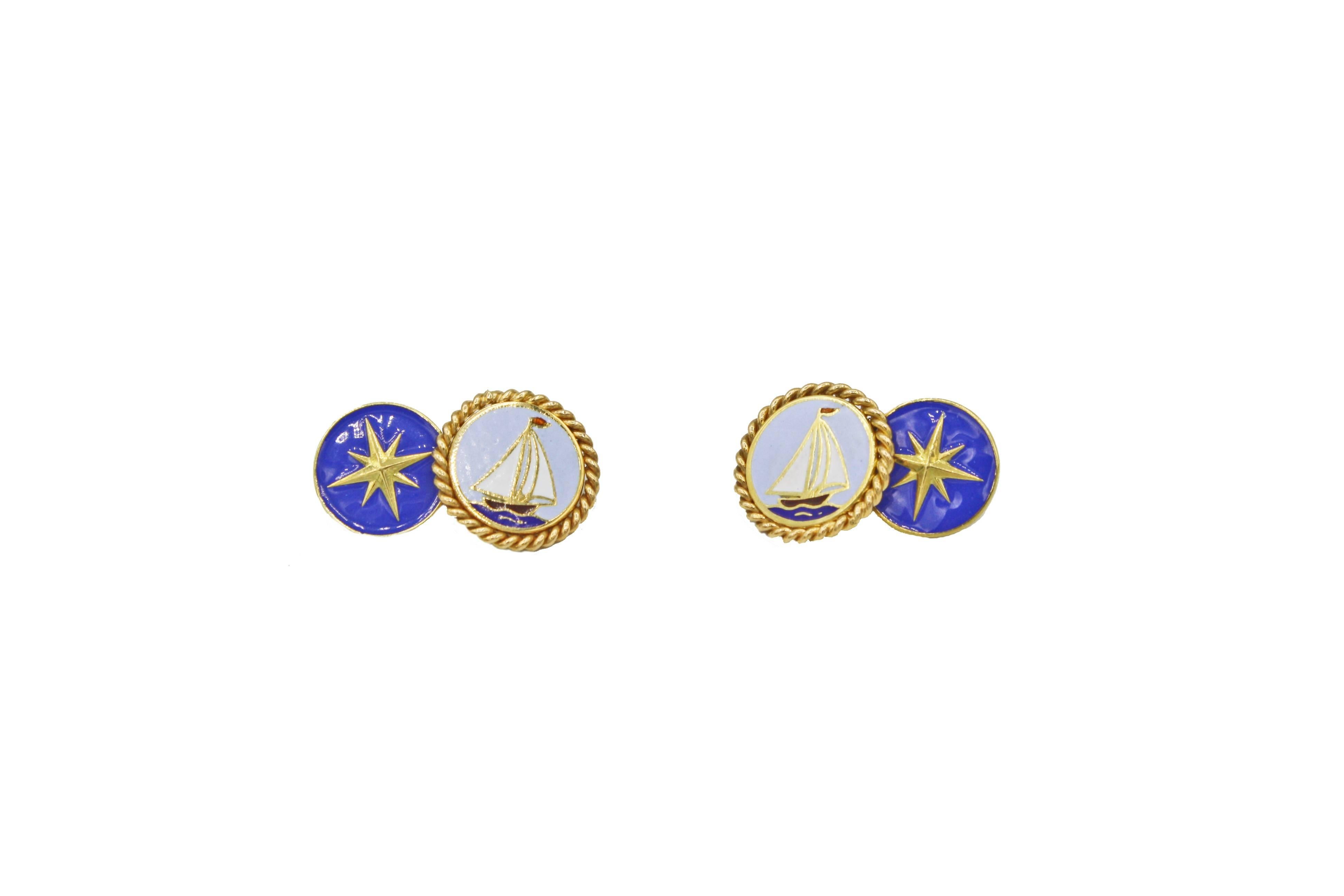 Elegant enamel and 18K yellow gold nautical cufflink and stud set by Renato Cipullo. It features rich blue compass rose and sailboats with gold rope detail. Beautifully made and easy to wear. 