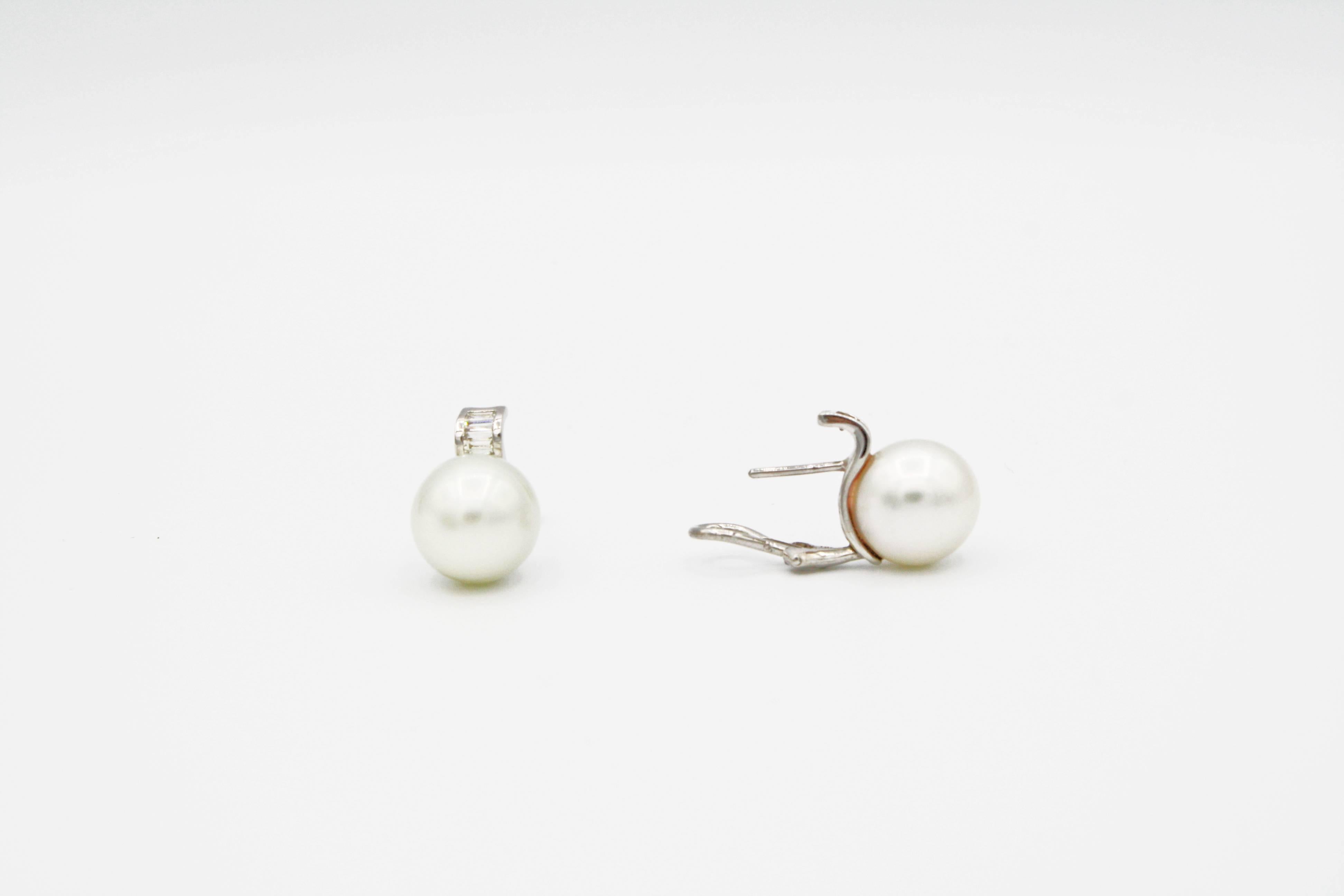 Art Deco White Gold, Pearl & Baguette Diamond Earrings For Sale