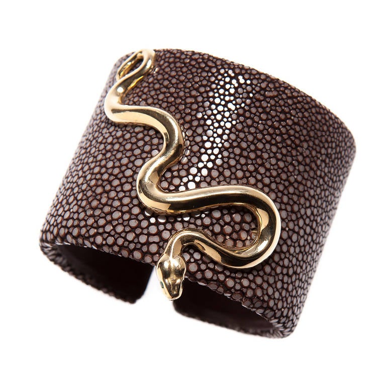 Cipullo Gold Serpent Shagreen Cuff For Sale