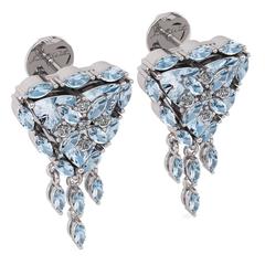 Trillion Aquamarine Diamond Halo Flower Earrings by Juliette Wooten White Gold