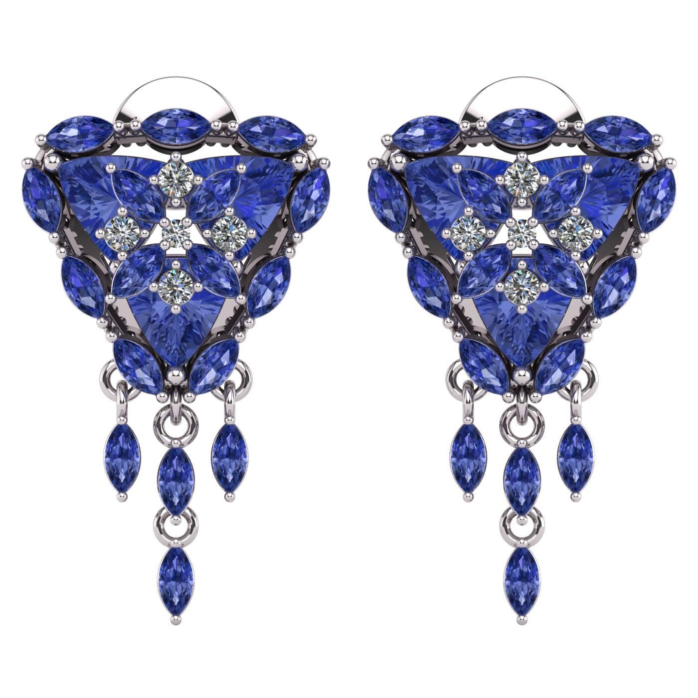 Trillion Tanzanite Diamond Flower Halo Earrings by Juliette Wooten White Gold  For Sale