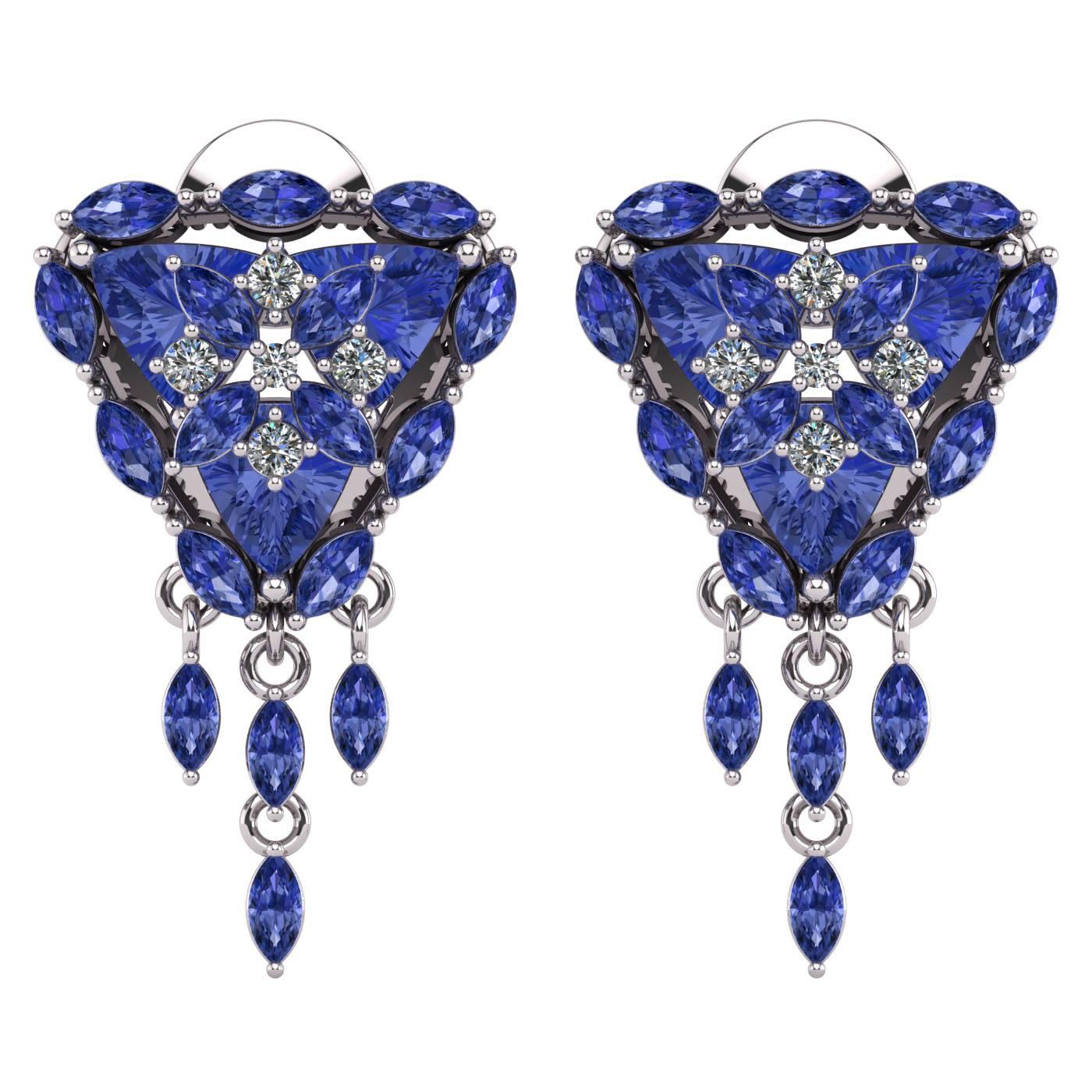 Trillion Tanzanite Diamond Flower Halo Earrings by Juliette Wooten White Gold For Sale