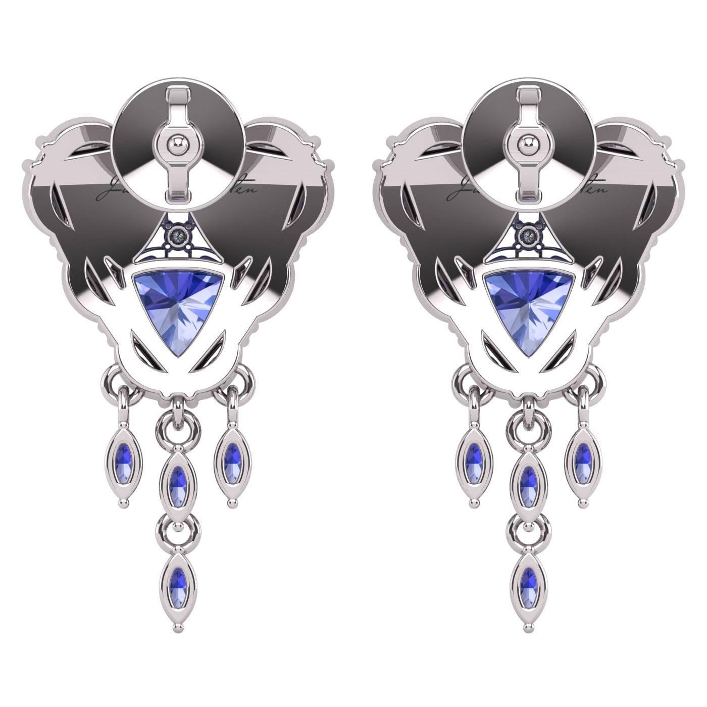 Contemporary Trillion Tanzanite Diamond Flower Halo Earrings by Juliette Wooten White Gold  For Sale
