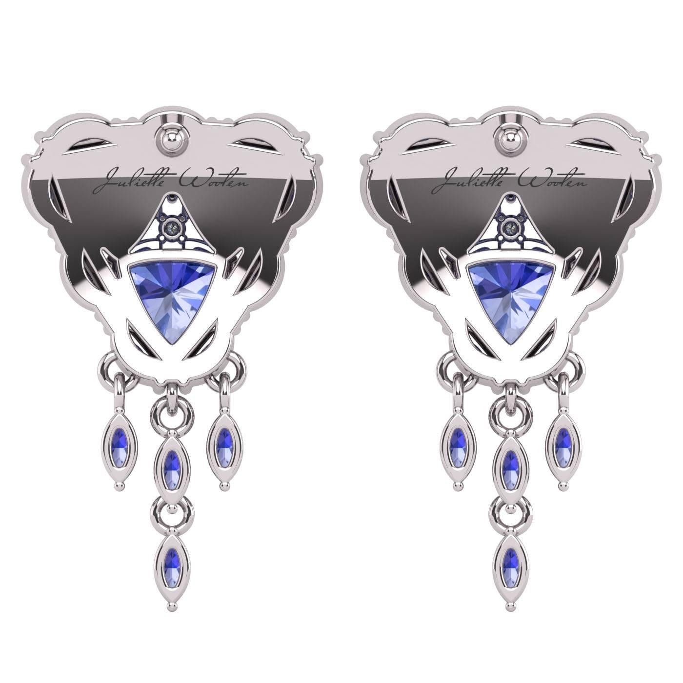 Trillion Tanzanite Diamond Flower Halo Earrings by Juliette Wooten White Gold  In New Condition For Sale In Sanford, FL