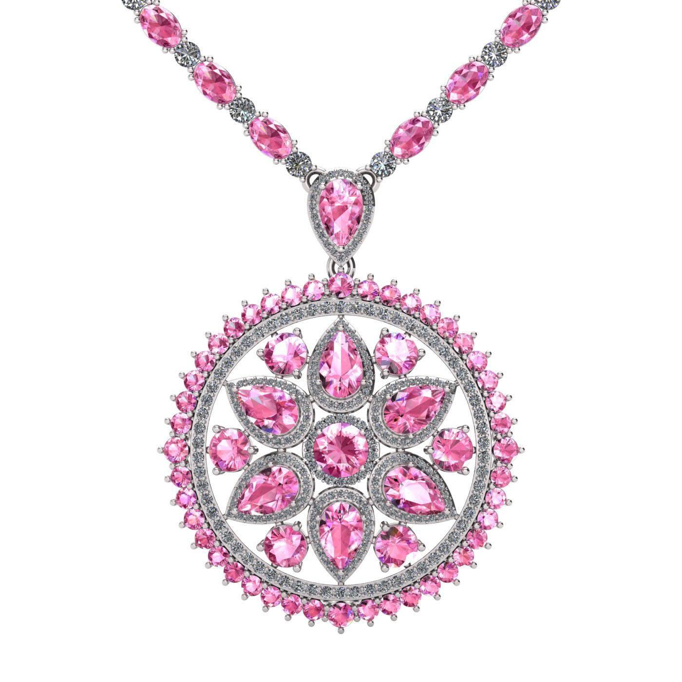  Pink Sapphire Diamond Tennis Necklace Medallion by Juliette Wooten White Gold  For Sale