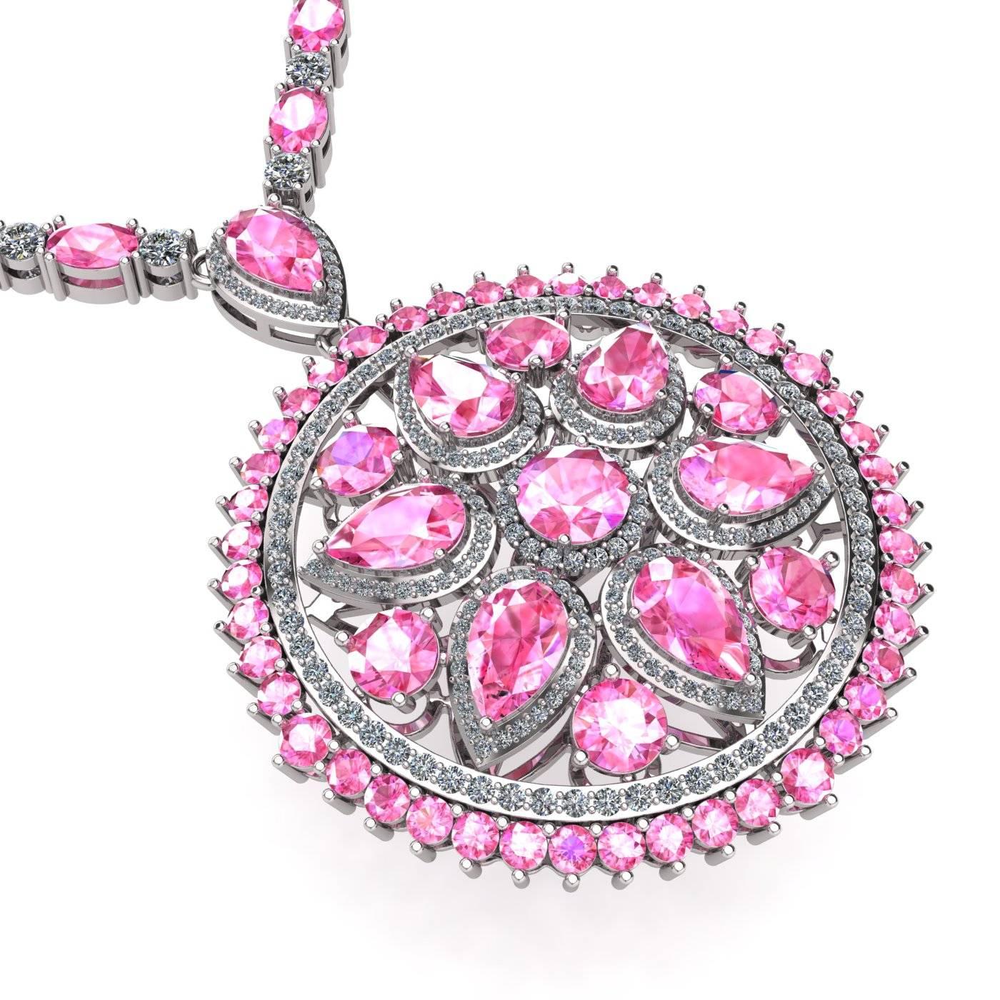 Contemporary Pink Sapphire Diamond Tennis Necklace Medallion by Juliette Wooten White Gold For Sale