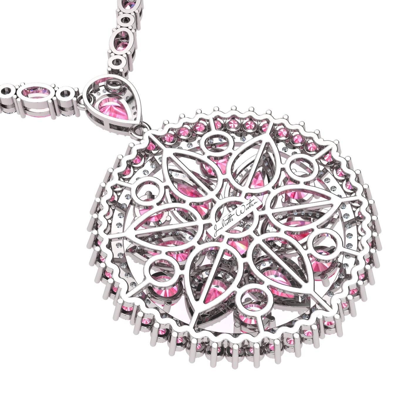  Pink Sapphire Diamond Tennis Necklace Medallion by Juliette Wooten White Gold  In New Condition For Sale In Sanford, FL
