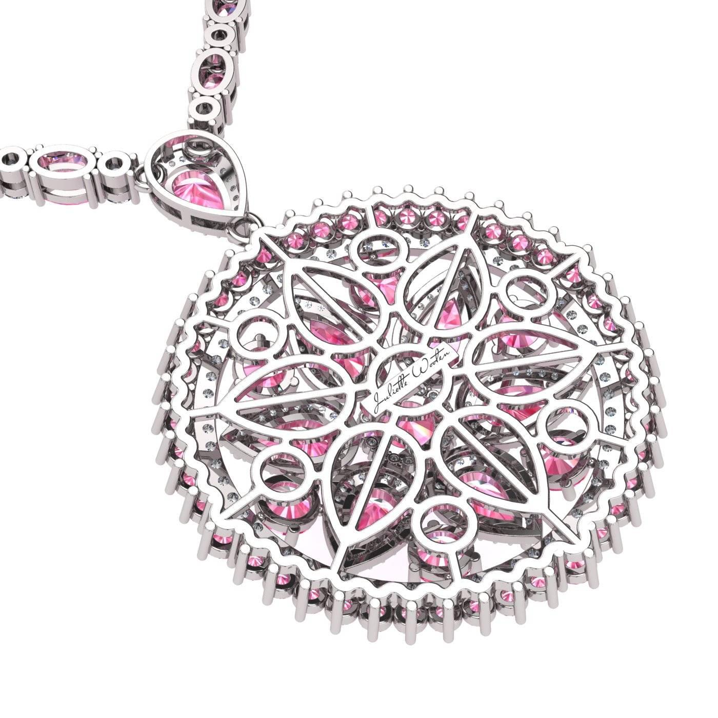 Pink Sapphire Diamond Tennis Necklace Medallion by Juliette Wooten White Gold In New Condition For Sale In Sanford, FL