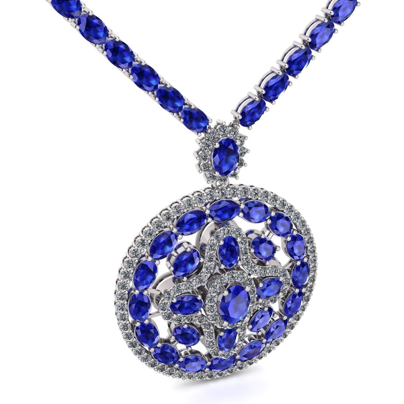 Contemporary Blue Sapphire Diamond Tennis Necklace Medallion by Juliette Wooten White Gold  For Sale