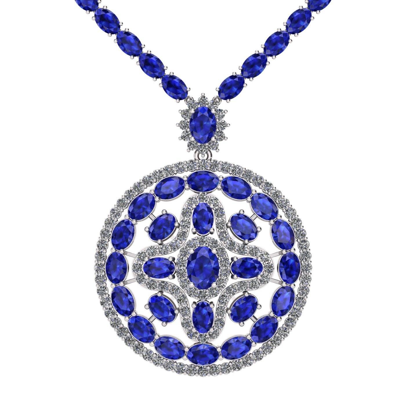 Blue Sapphire Diamond Tennis Necklace Medallion by Juliette Wooten White Gold  For Sale