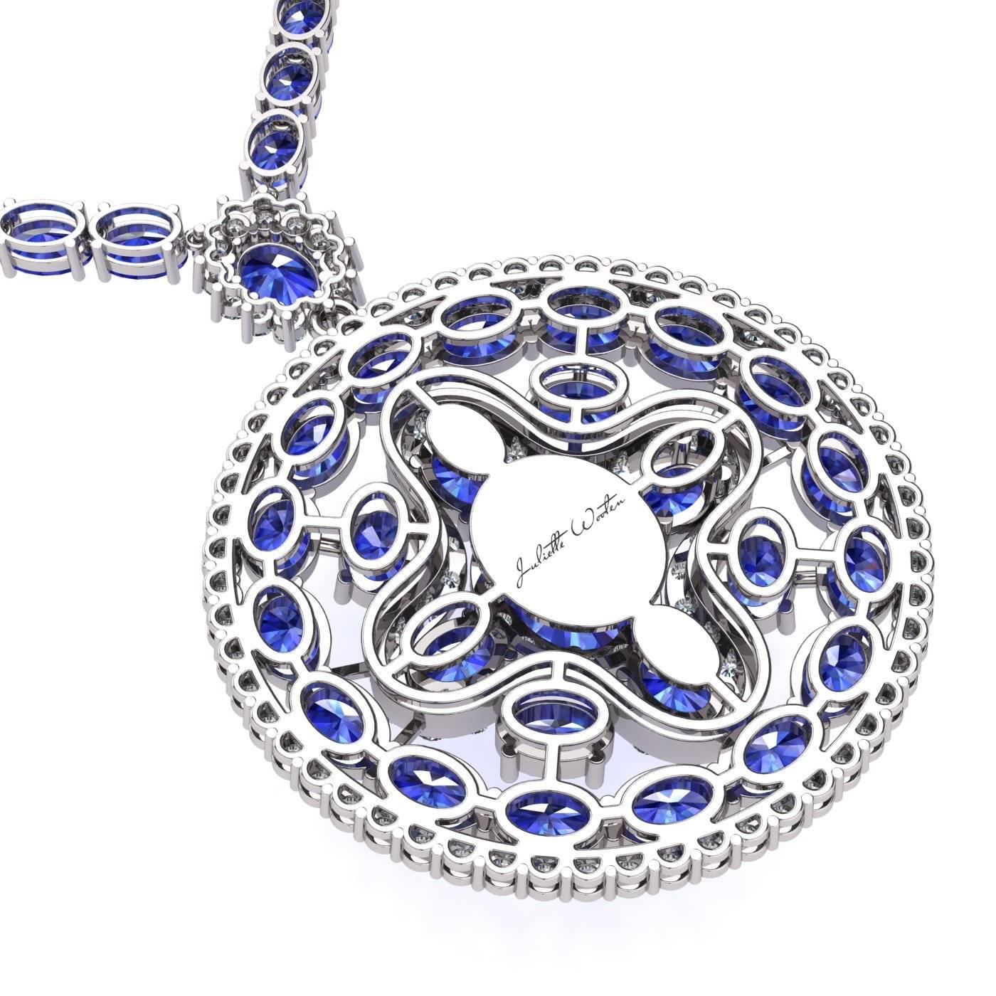 Women's or Men's Blue Sapphire Diamond Tennis Necklace Medallion by Juliette Wooten White Gold  For Sale