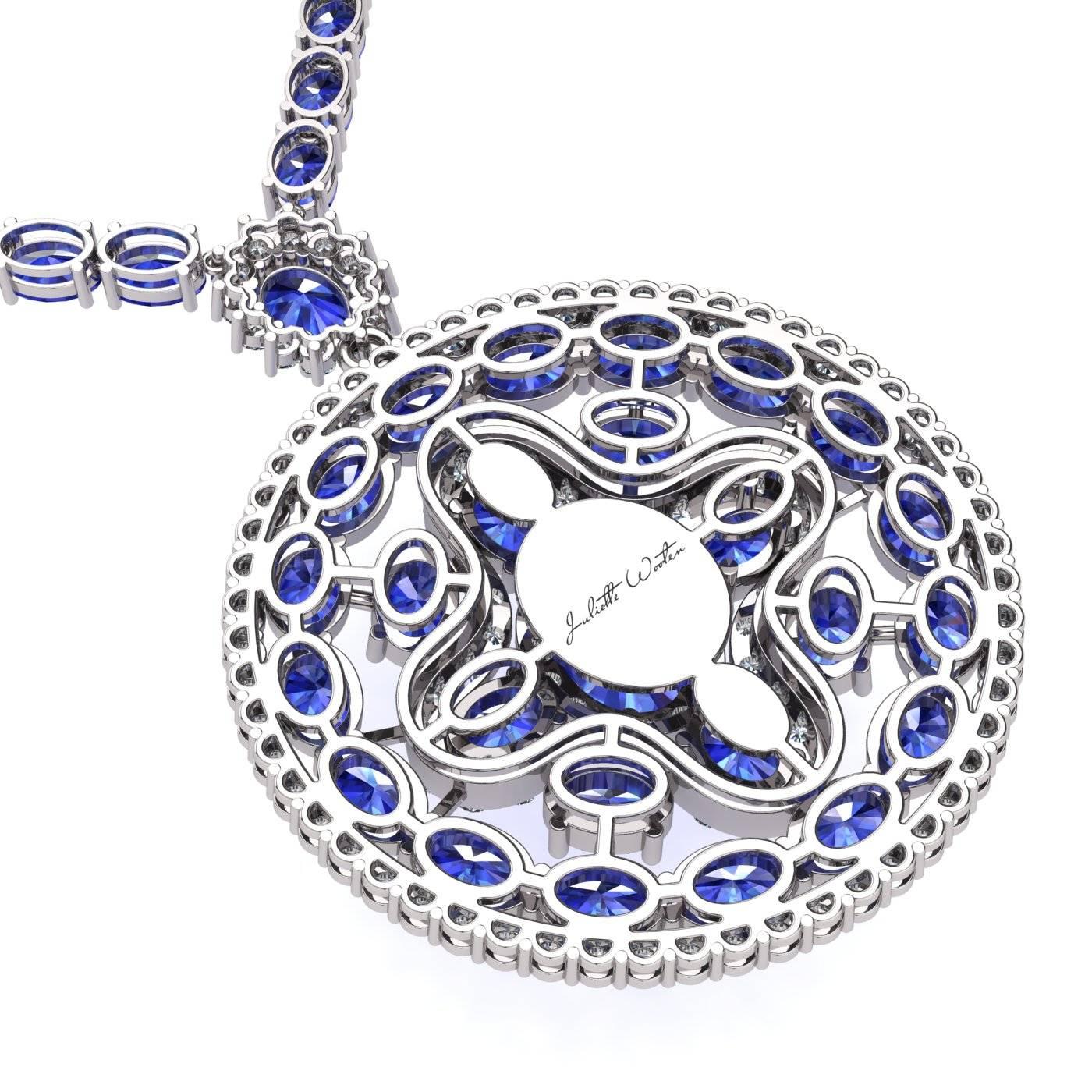 Women's or Men's Blue Sapphire Diamond Tennis Necklace Medallion by Juliette Wooten White Gold For Sale