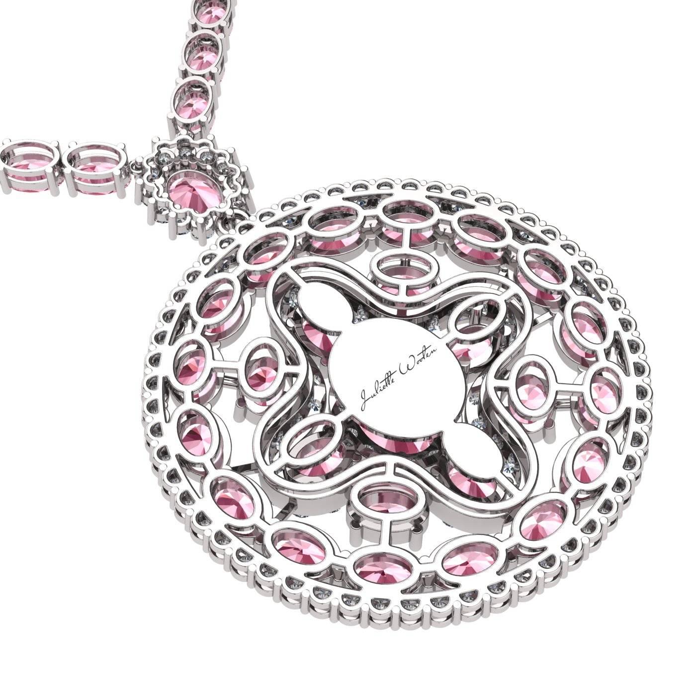 Contemporary Pink Sapphire Diamond Tennis Necklace Medallion by Juliette Wooten White Gold For Sale