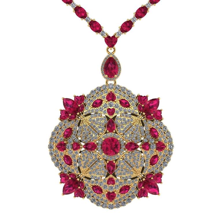 Contemporary Ruby Diamond Tennis Necklace Feather Pendant By Juliette Wooten