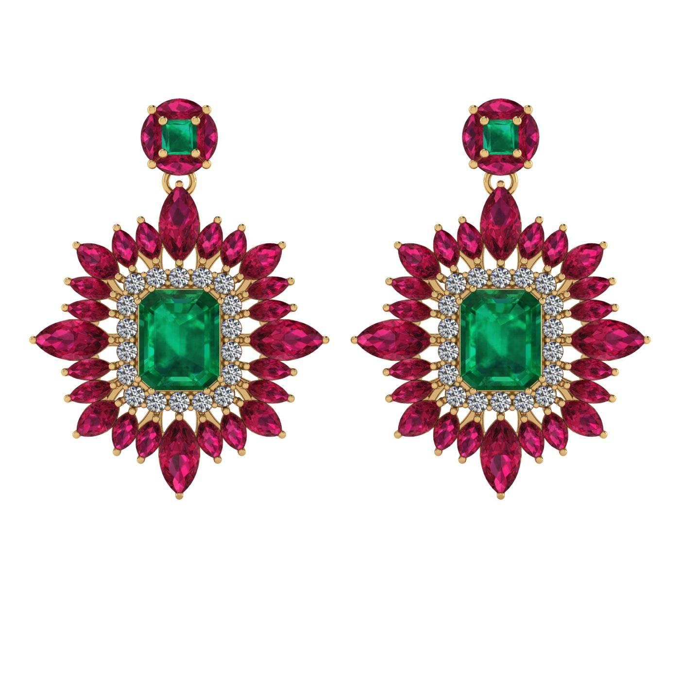 Pendientes colgantes Juliette Wooten Esmeralda Rubí Diamante Oro Amarillo Halo
