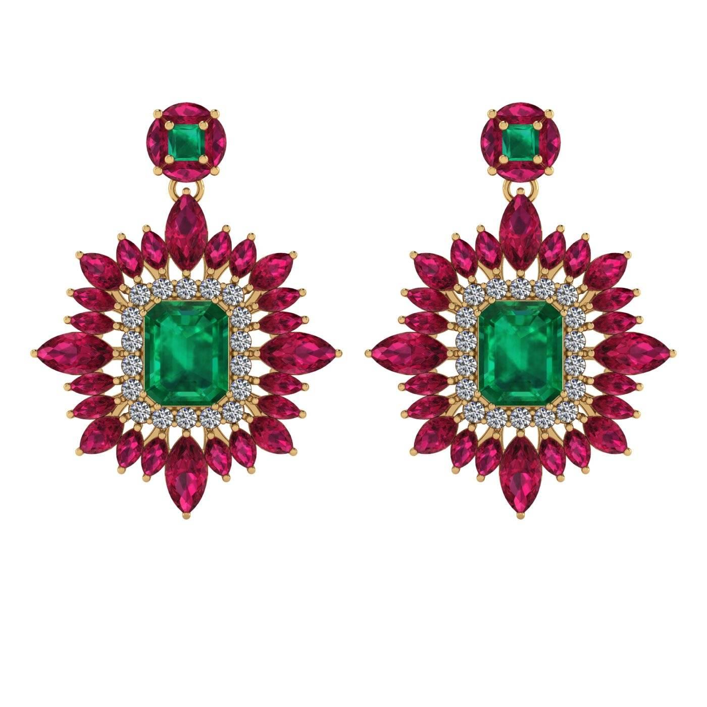 Juliette Wooten Emerald Ruby Diamond Yellow Gold Halo Dangle Earrings  For Sale