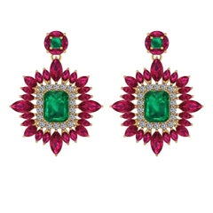 Juliette Wooten Emerald Ruby Diamond Yellow Gold Halo Dangle Earrings 