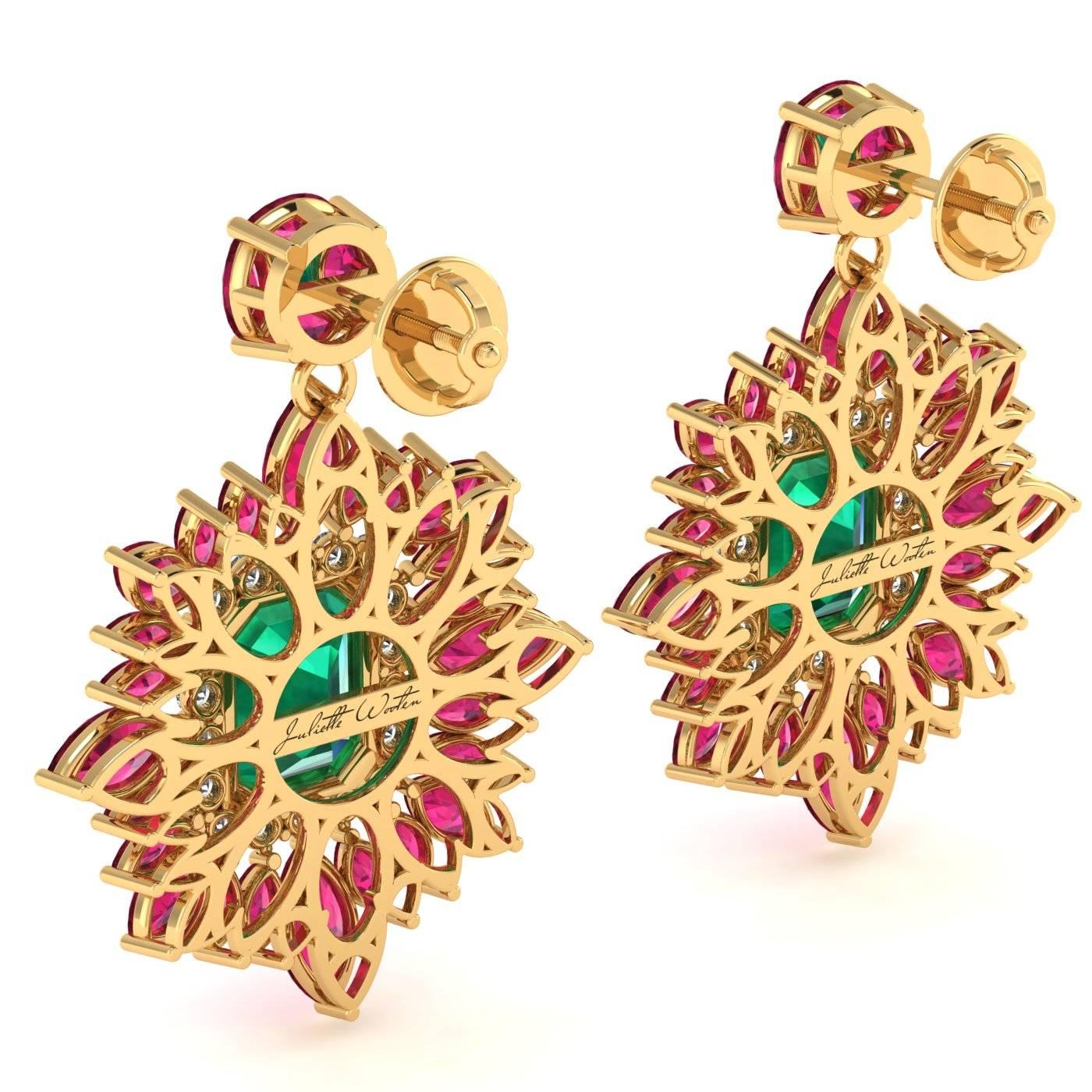 Women's or Men's Juliette Wooten Emerald Ruby Diamond Yellow Gold Halo Dangle Earrings  For Sale