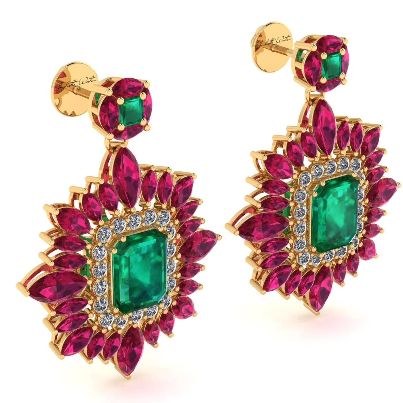 Contemporary Juliette Wooten Emerald Ruby Diamond Yellow Gold Halo Dangle Earrings  For Sale