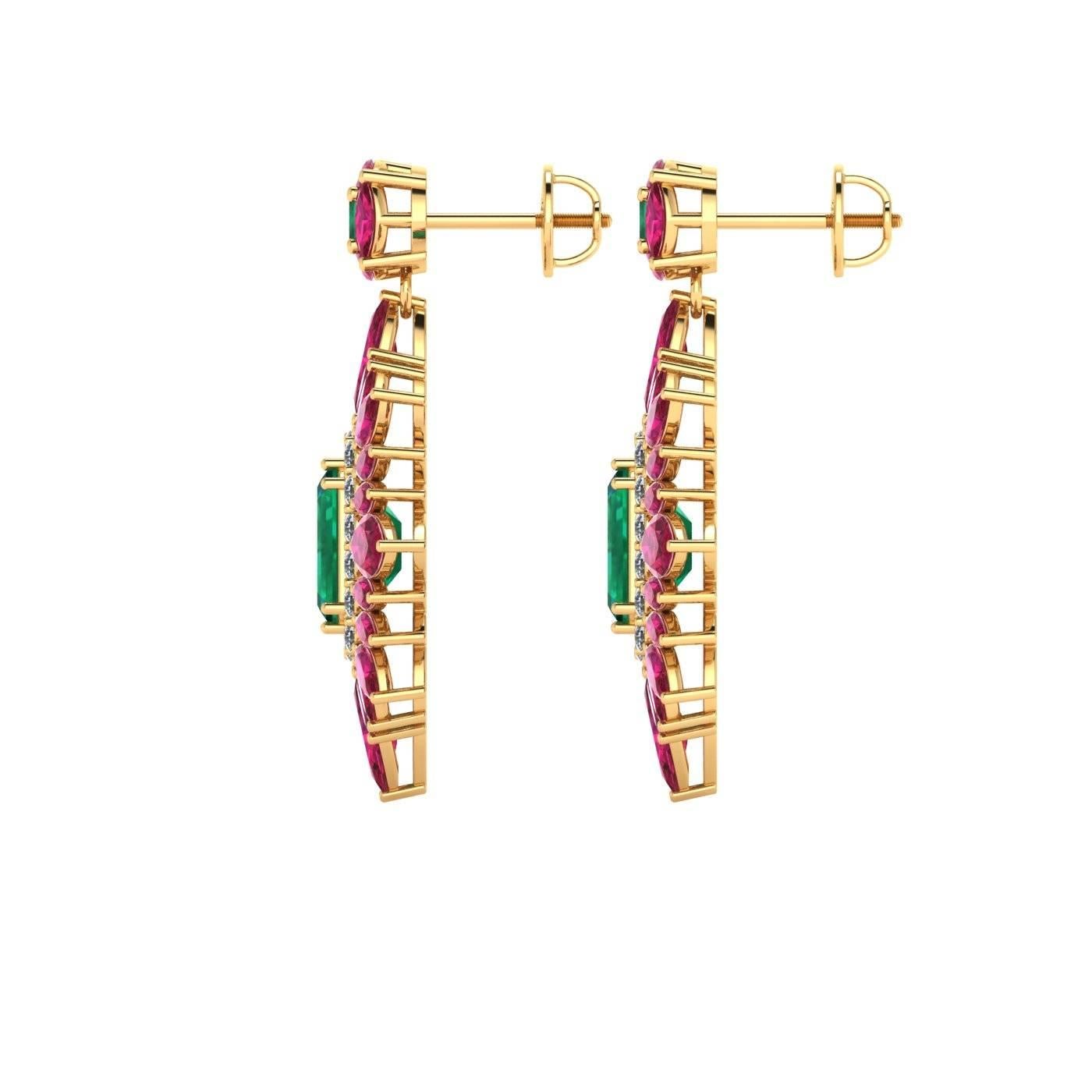 Juliette Wooten Emerald Ruby Diamond Yellow Gold Halo Dangle Earrings  For Sale 1