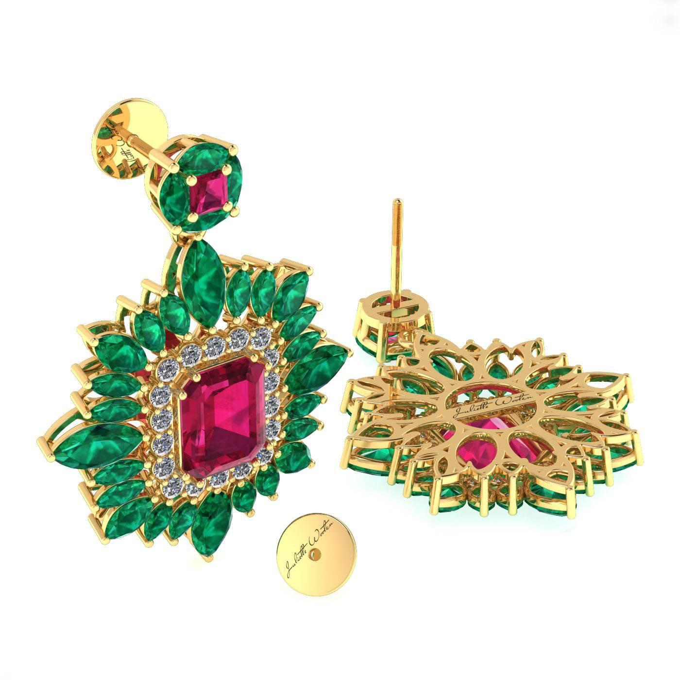 Contemporary Juliette Wooten Ruby Emerald Diamond Yellow Gold Halo Dangle Earrings  For Sale