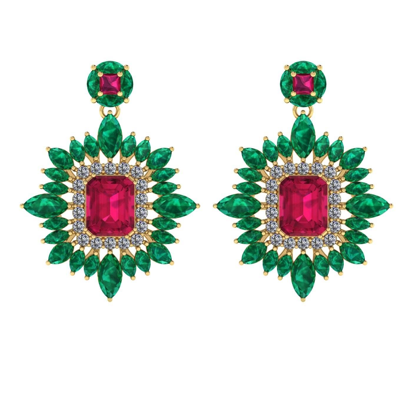 Juliette Wooten Halo-Ohrringe, Rubin Smaragd Diamant Gelbgold