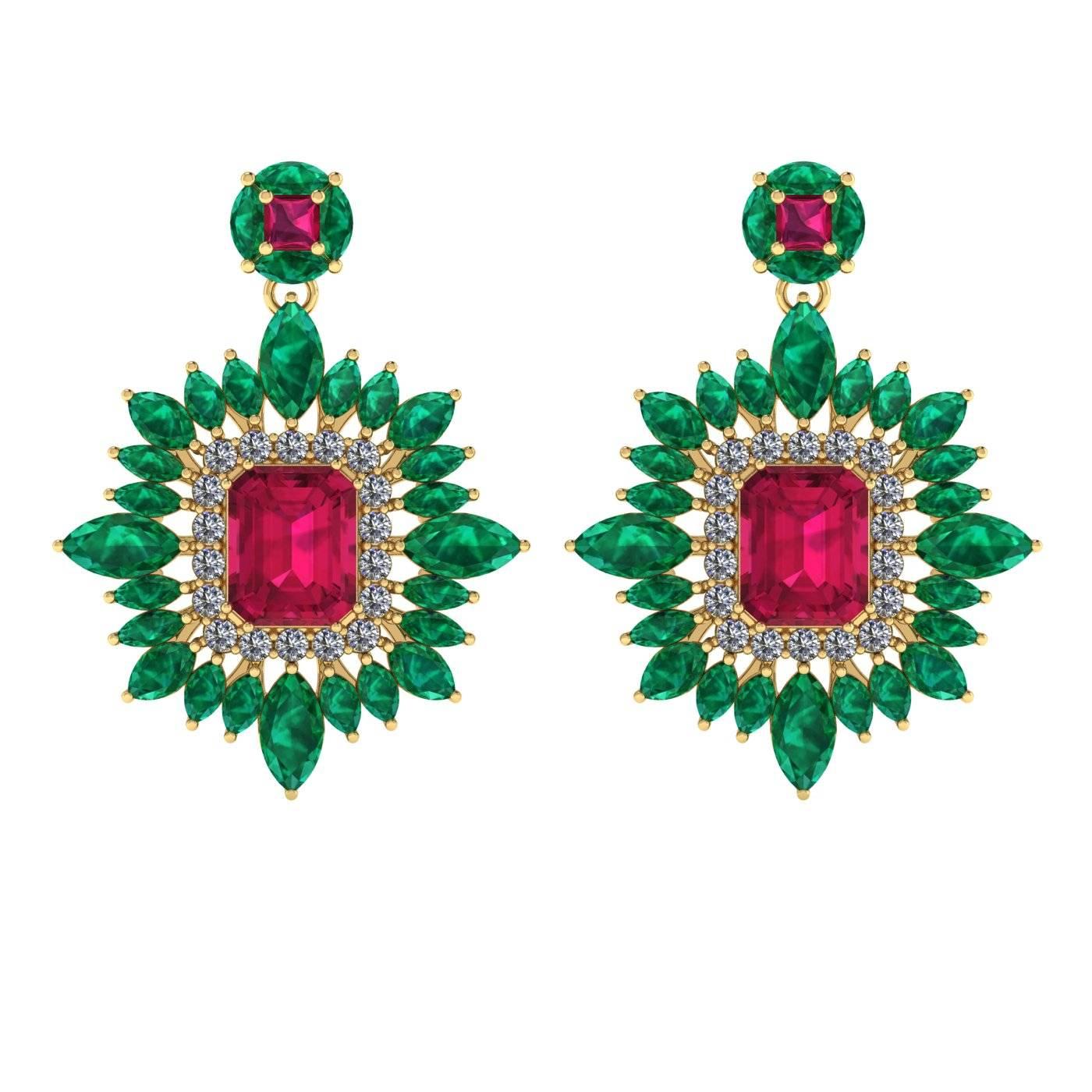 Juliette Wooten Ruby Emerald Diamond Yellow Gold Halo Dangle Earrings 